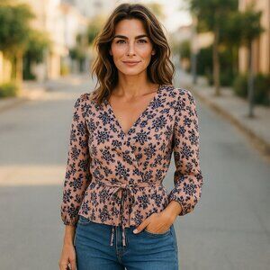 J. Crew Ladies Long Sleeve Floral Faux Wrap Around Top